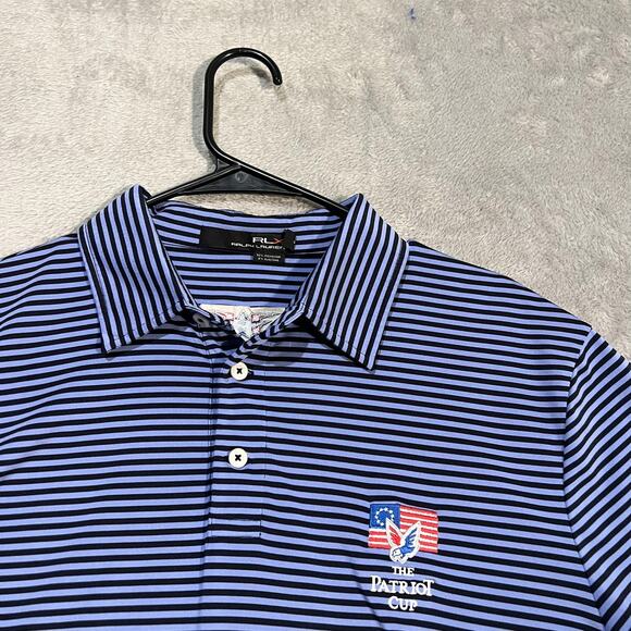 RLX Ralph Lauren Polo Shirt Mens Large Blue Striped Golf Performance Patriot Cup - Picture 4 of 9